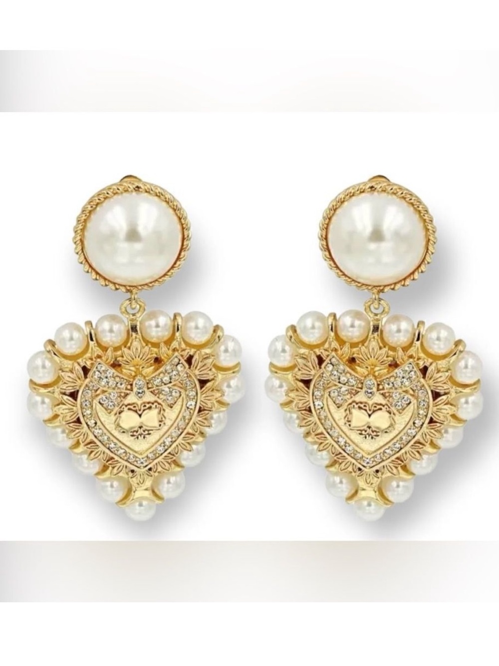 Gold and Pearl Heart Drop Earrings A30